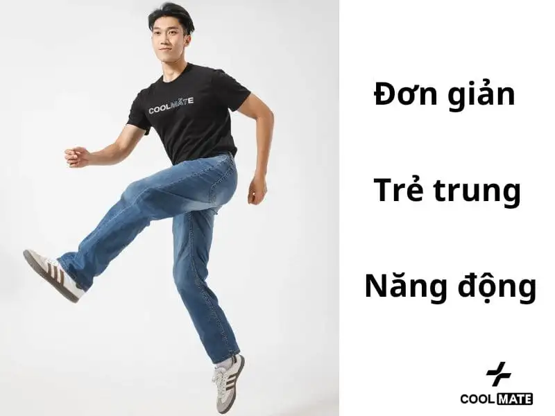 Quần jean nam form rộng phối hợp cùng áo thun đơn giản