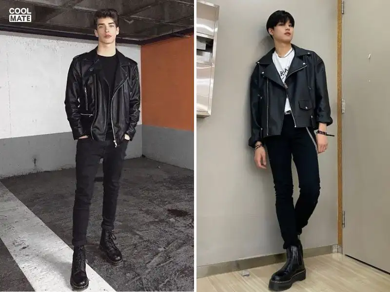 Phối quần jean skinny nam với áo khoác da