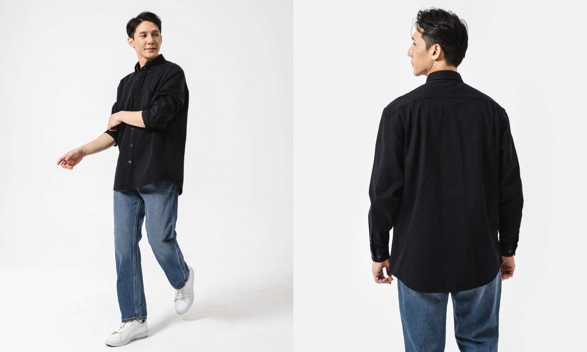 Áo sơ mi đen nam phối với quần jean