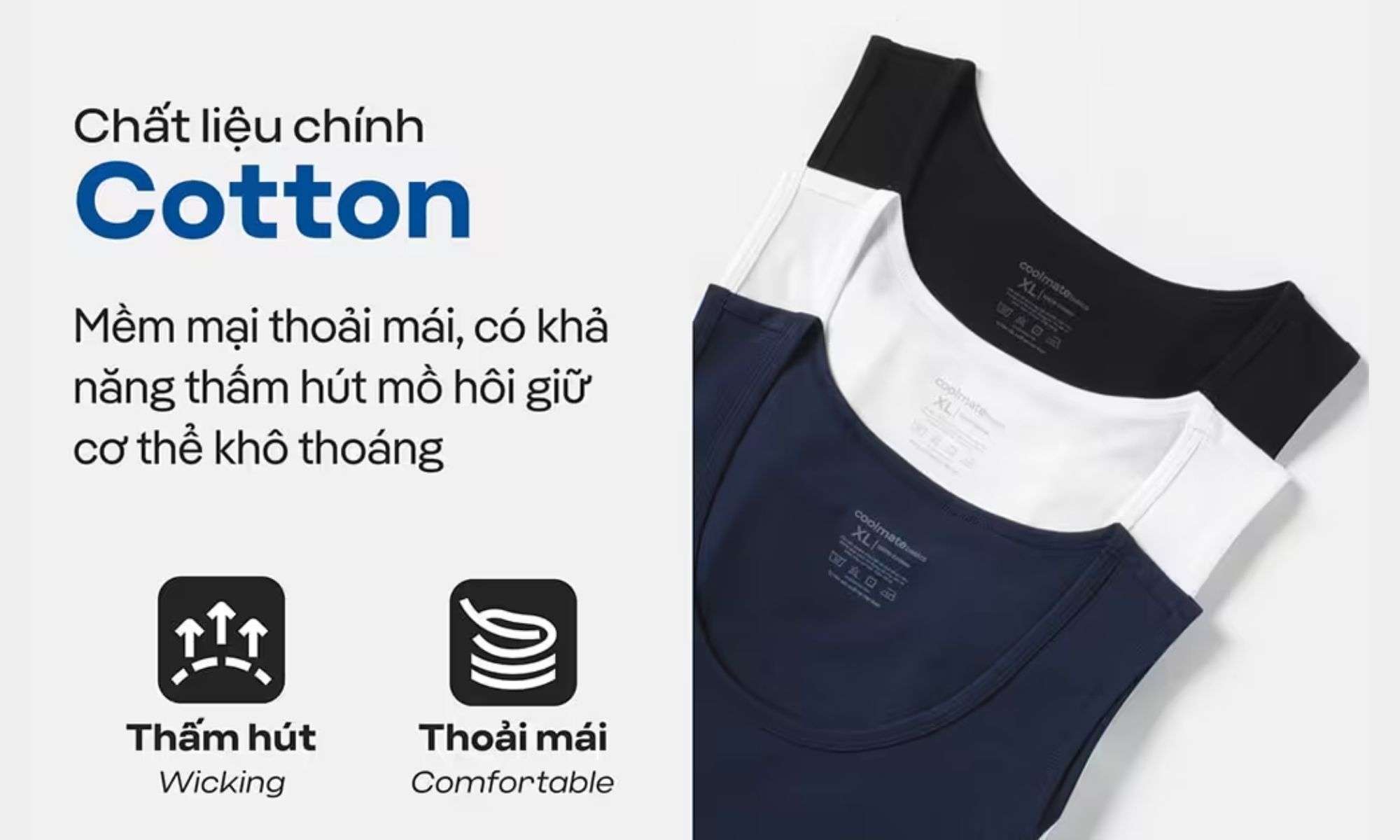Chất liệu 100% Cotton của áo tanktop nam mặc hàng ngày thương hiệu Coolmate