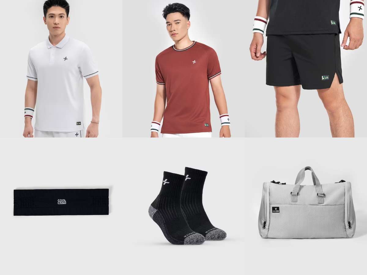Set đồ Pickleball nam Coolmate gồm áo thun, áo polo và quần short được thiết kế chuyên dụng cho người chơi Pickleball.