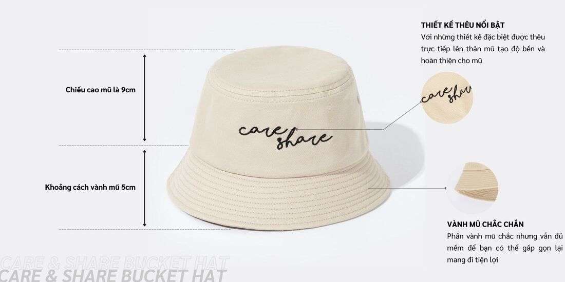 Mũ/Nón- Bucket- Hat -thêu -Care & Share- Handwriting 