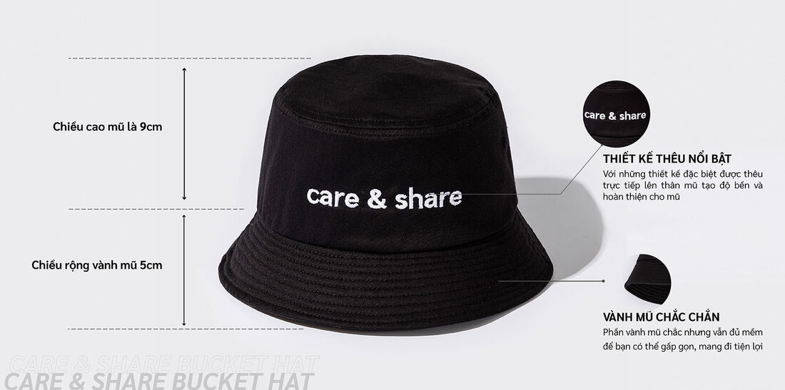 Mũ-Nón- Bucket- Hat -thêu- Care & Share -Typo