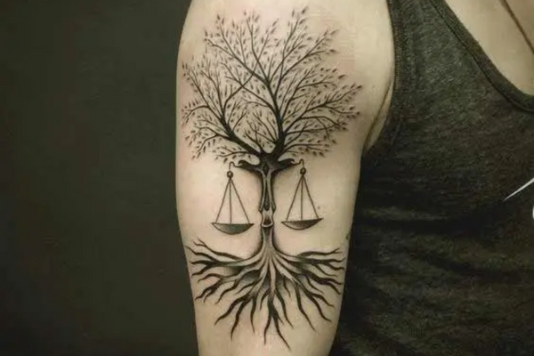Hình xăm Thiên Bình với đầu và rễ cây biểu tượng cho niềm tin và sức mạnh