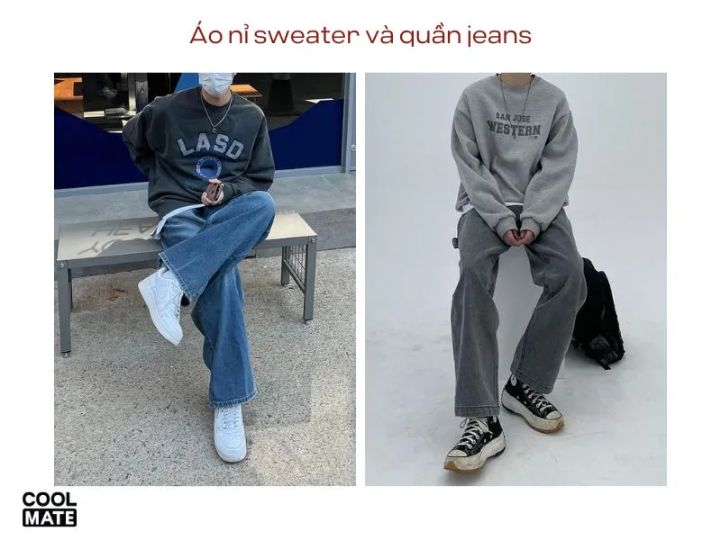 Áo nỉ sweater và quần jeans - Outfit đi chơi Noel