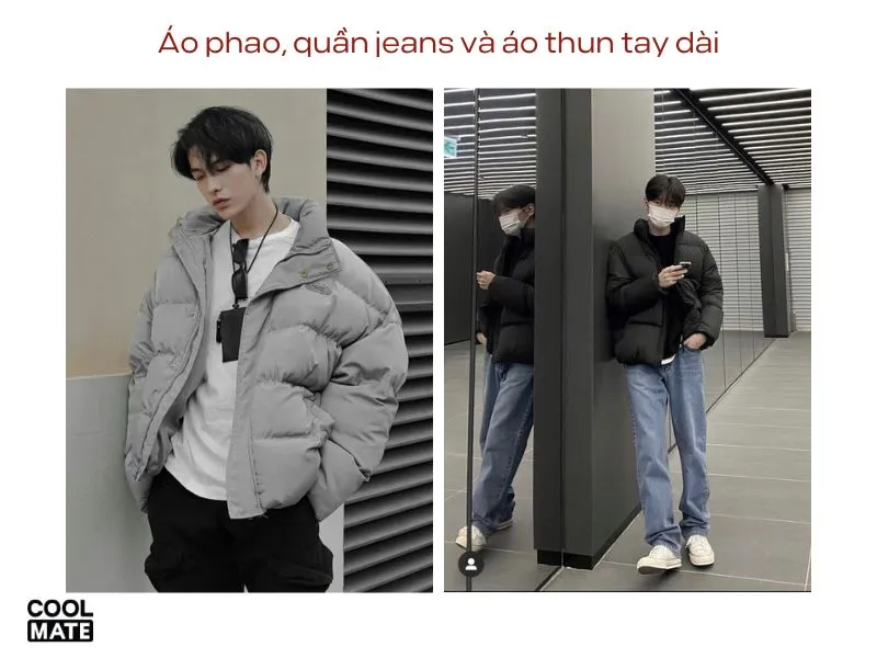 Áo phao, quần jeans và áo thun tay dài - Outfit đi chơi Noel