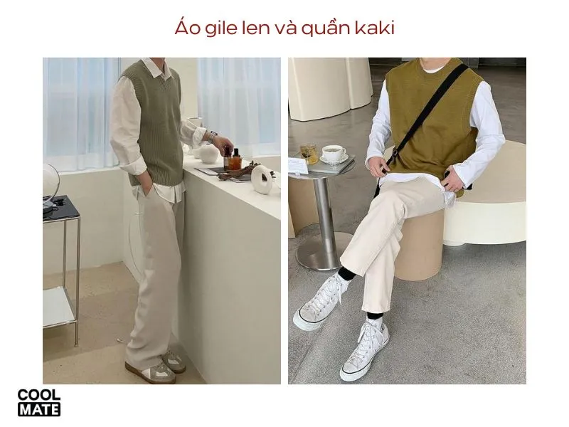 Áo gile len và quần kaki - Outfit đi chơi Noel