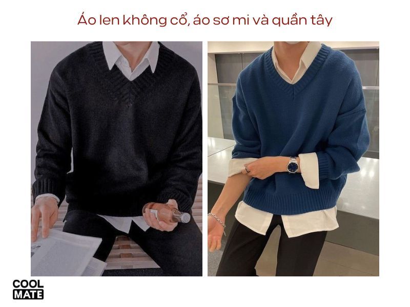 Áo len không cổ, áo sơ mi và quần tây - Outfit đi chơi Noel