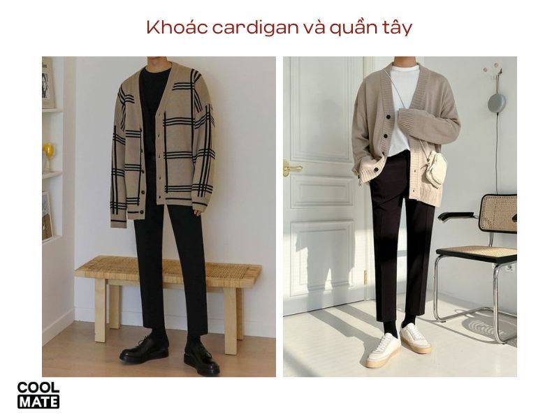 Khoác cardigan và quần tây - outfit đi chơi Noel