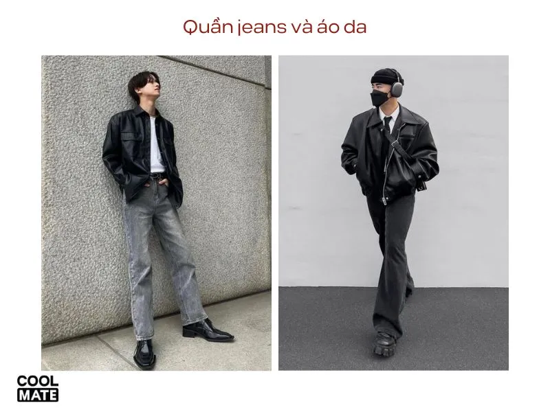 Quần jeans và áo da - outfit đi chơi Noel