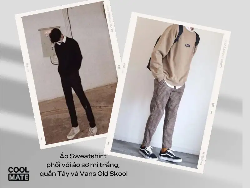 Phối áo Sweatshirt với áo sơ mi trắng, quần tây và giày Vans Old School 