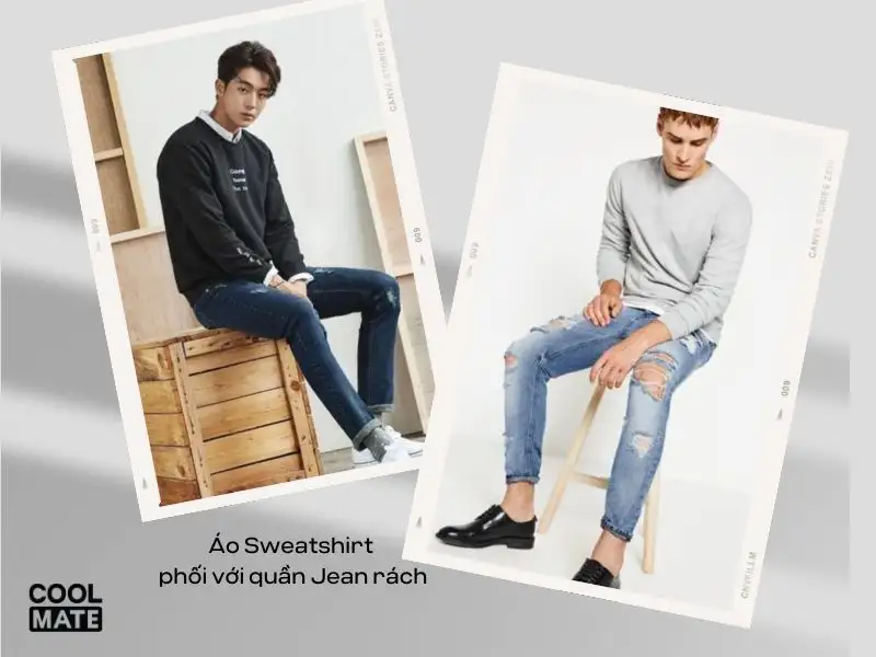 Phối áo Sweatshirt với quần jean rách gối 