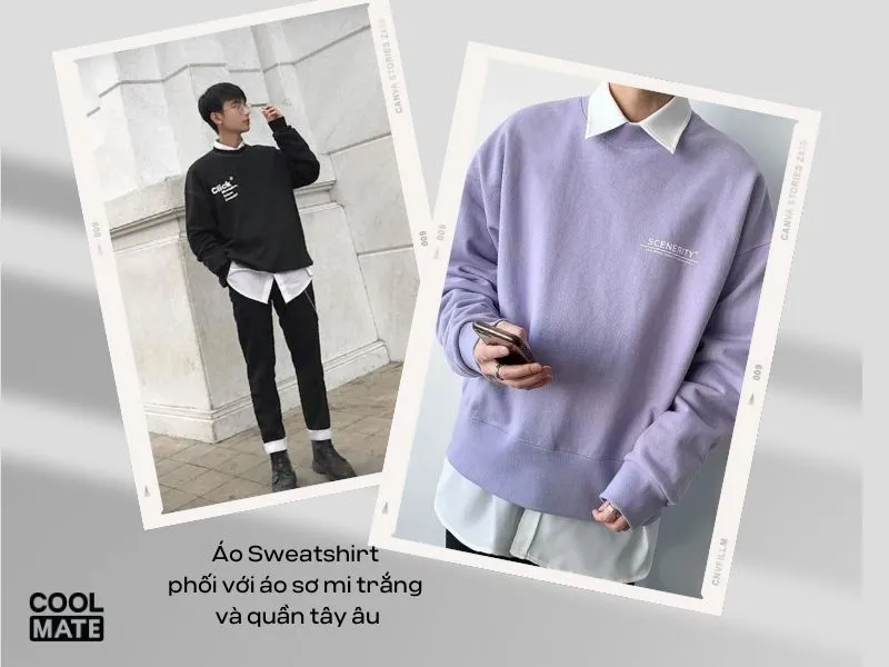 Phối áo Sweatshirt với áo sơ mi trắng và quần tây âu