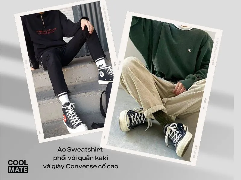 Phối áo Sweatshirt cùng quần Kaki và giày Converse cổ cao