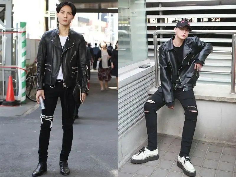 All black: với áo da + quần jeans rách + boots 