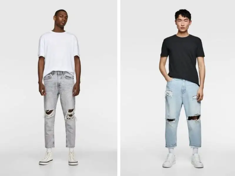 Áo thun trơn/ họa tiết + Quần jeans rách gối xanh 