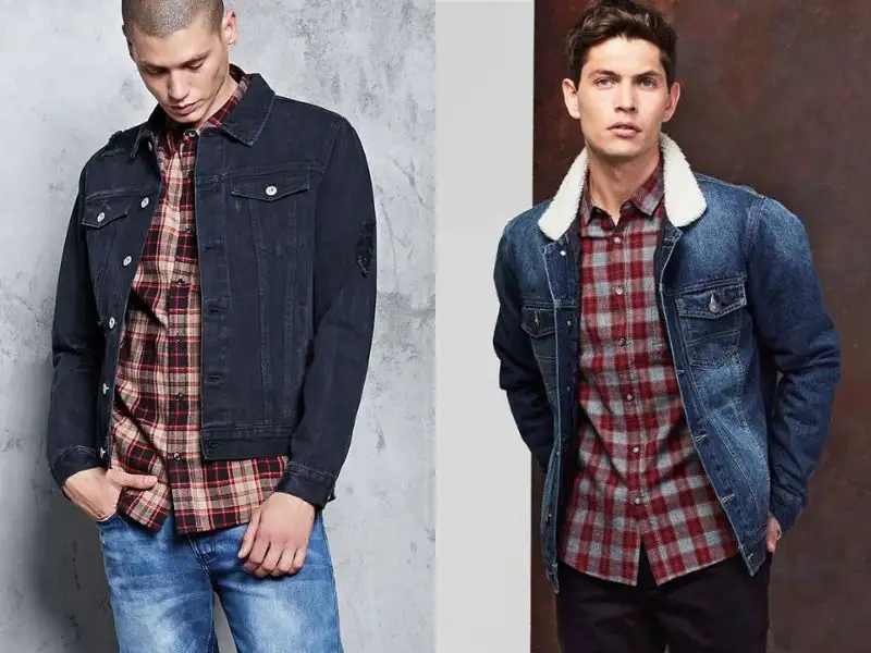 Áo sơ mi caro nam phối với áo khoác denim