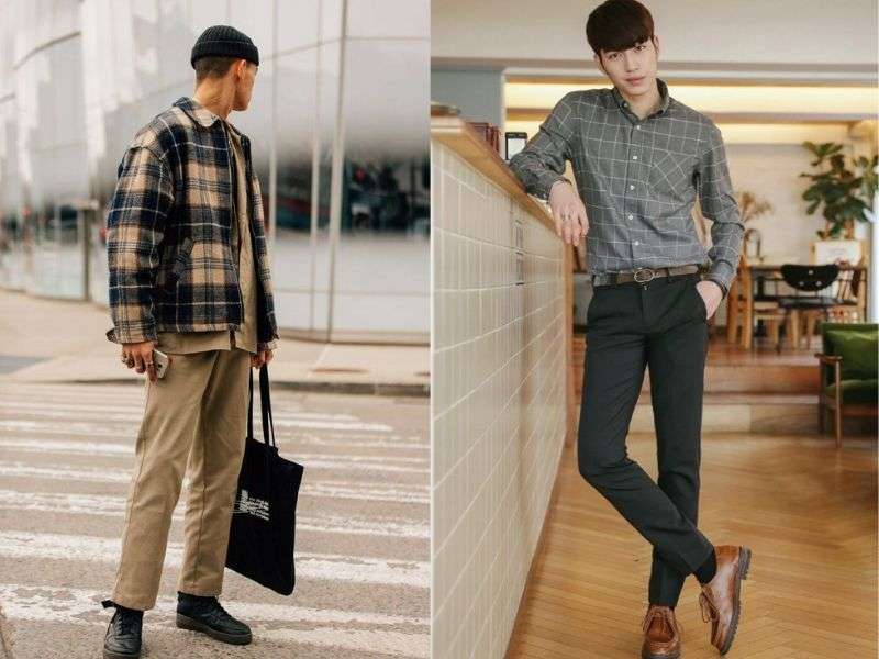 Áo sơ mi caro nam phối với quần kaki