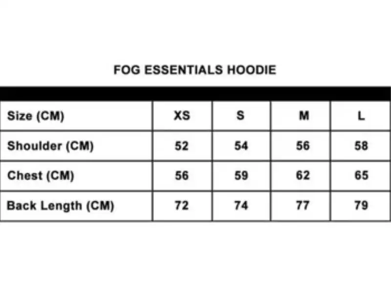 Bảng size áo hoodie Essentials Fear of God