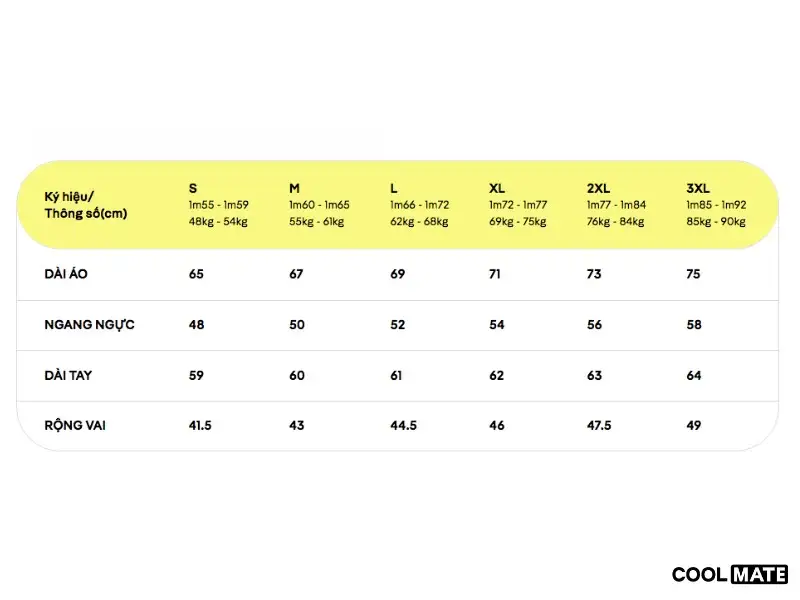 Bảng hướng dẫn chọn size áo nam dài tay Coolmate