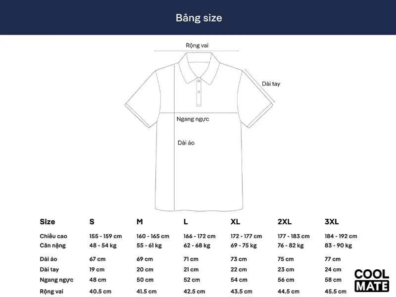 Bảng size chi tiết áo Polo nam Coolmate