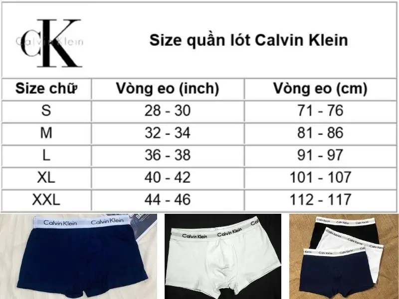 Bảng size quần lót thương hiệu Calvin Klein