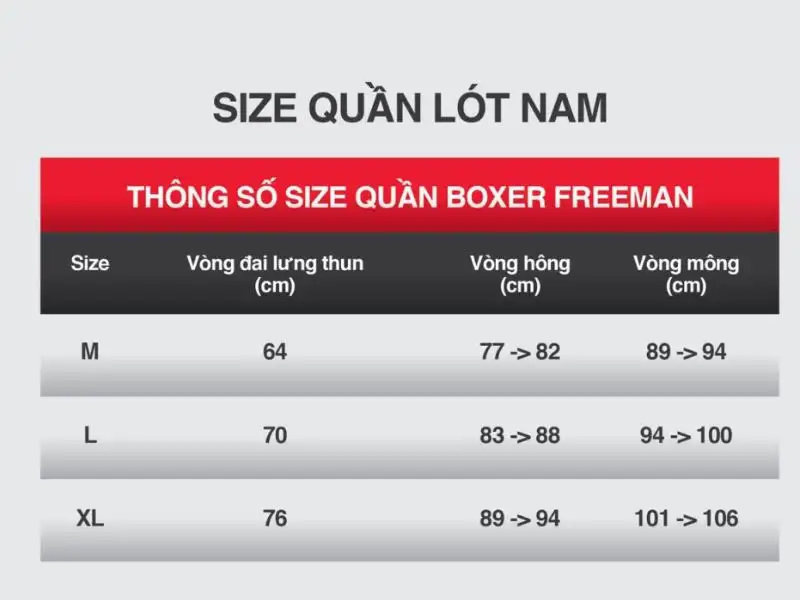 Bảng size quần lót thương hiệu Freeman