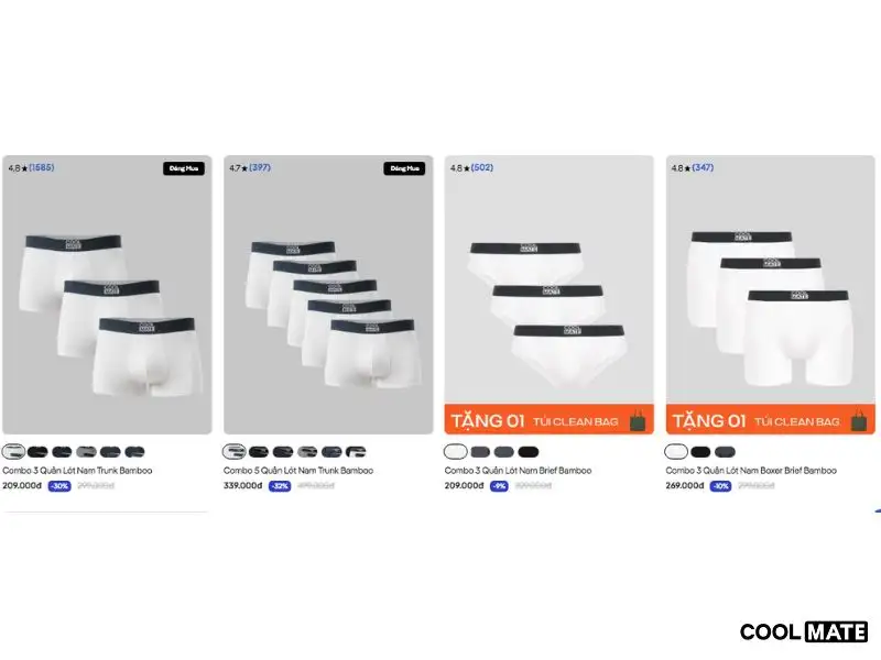 Các sản phẩm quần lót nam màu trắng của Coolmate luôn được khách hàng đánh giá cao