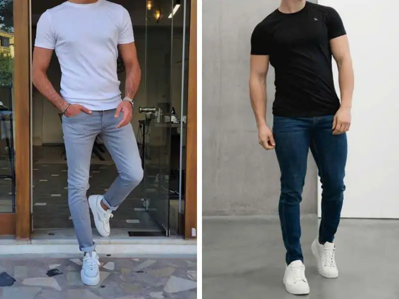 Quần Skinny Jeans rách gối và áo thun 