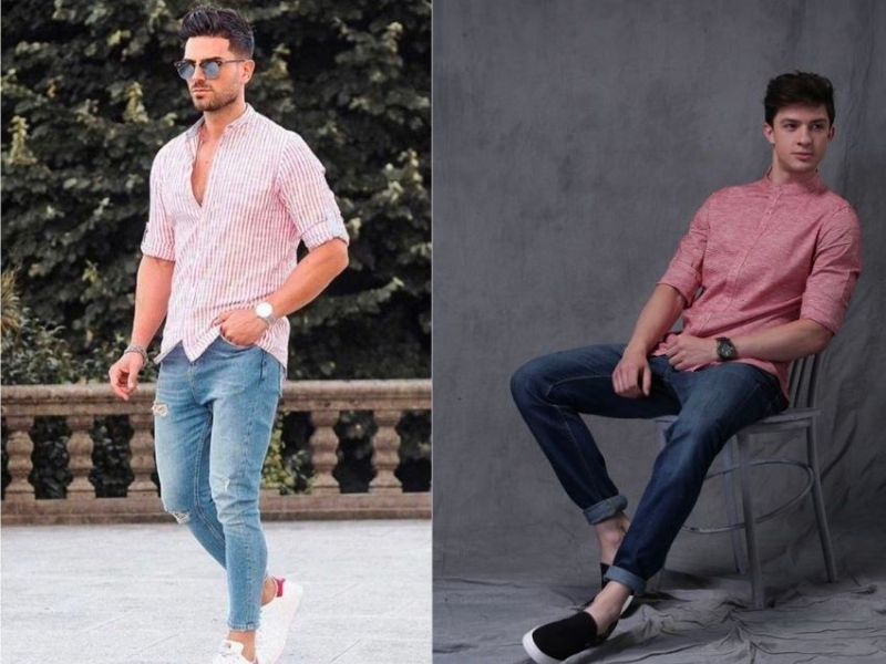 Áo sơ mi hồng mix quần jeans cá tính