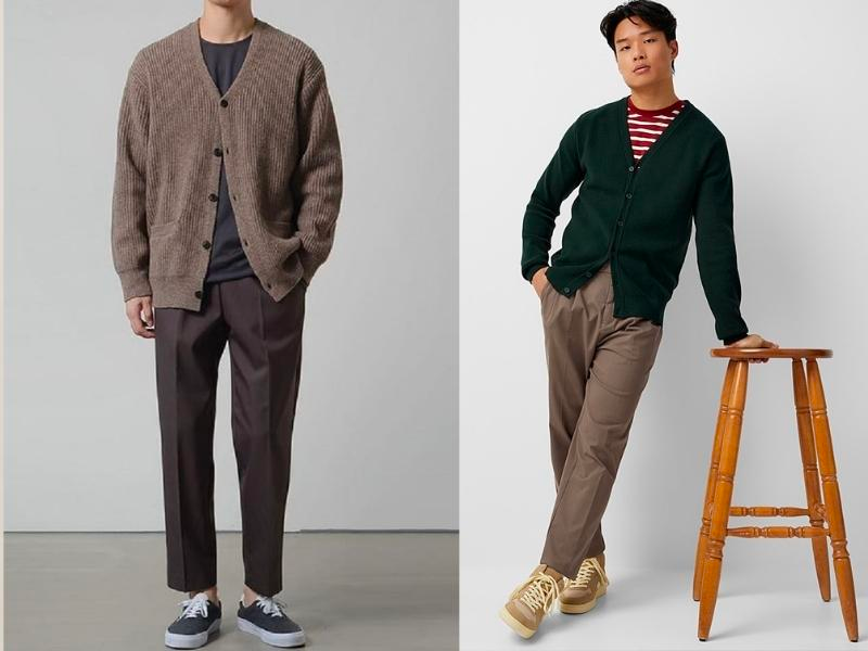 Quần âu + áo khoác cardigan + giày sneaker