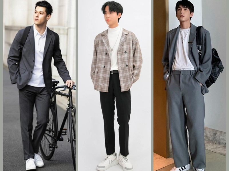 Quần âu + áo sơ mi + áo blazer + giày sneaker da