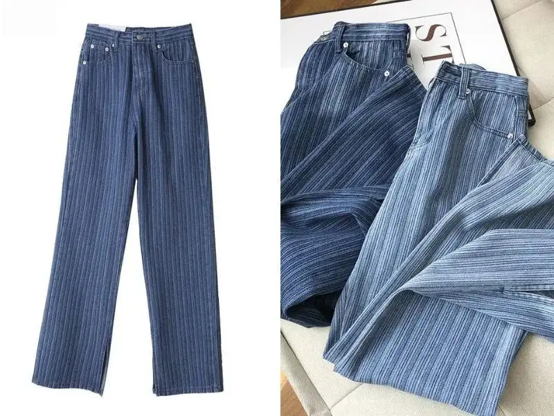 Quần jeans kẻ sọc ống rộng unisex