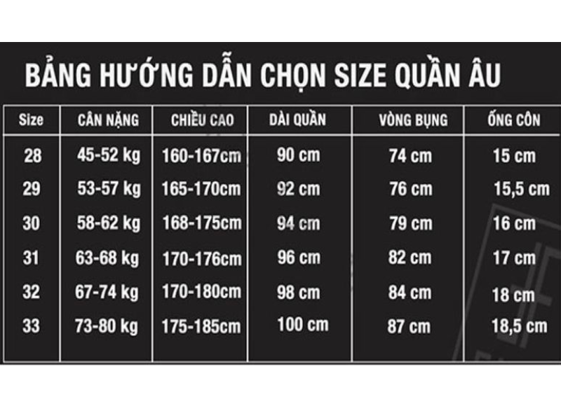 Bảng thông số size quần âu nam tiêu chuẩn chuẩn nhất