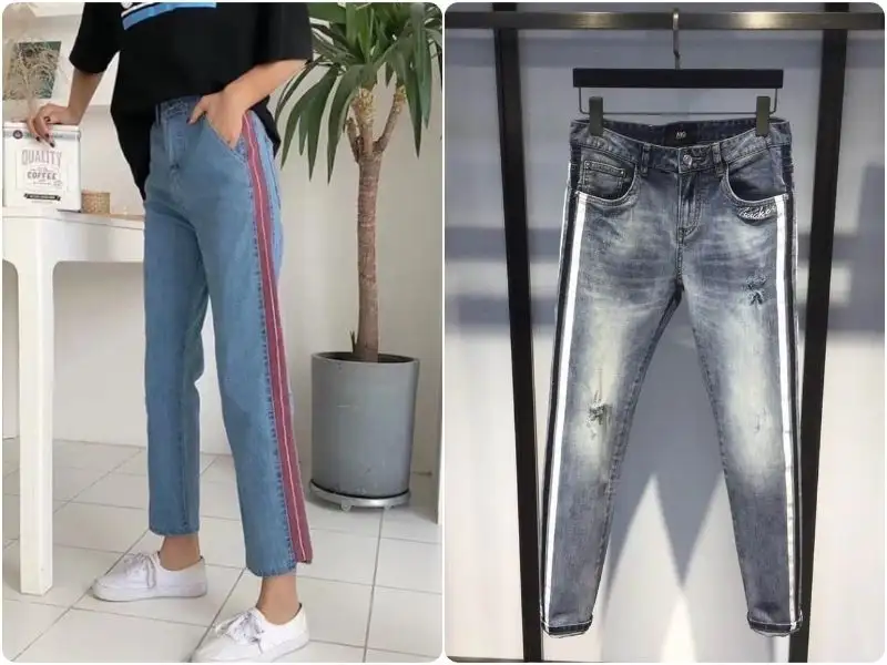 Quần jeans họa tiết kẻ sọc sườn ngoài