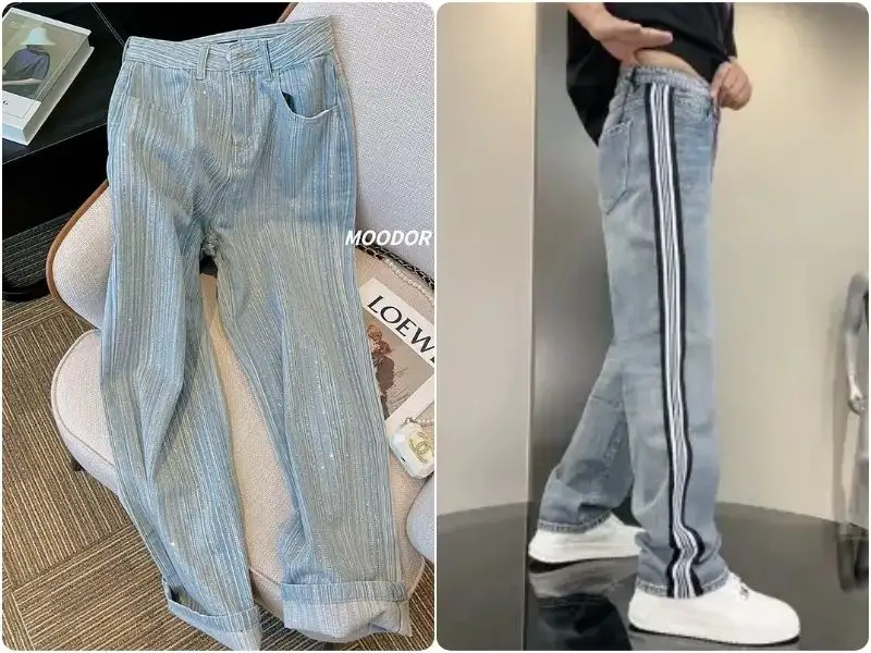 Quần jeans ống rộng họa tiết kẻ sọc Hàn Quốc