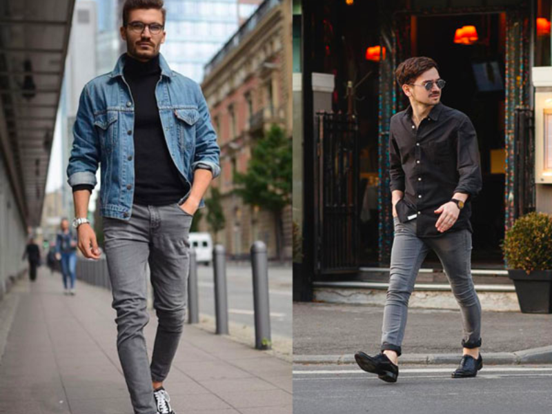 Quần jeans + áo khoác jeans + giày thể thao