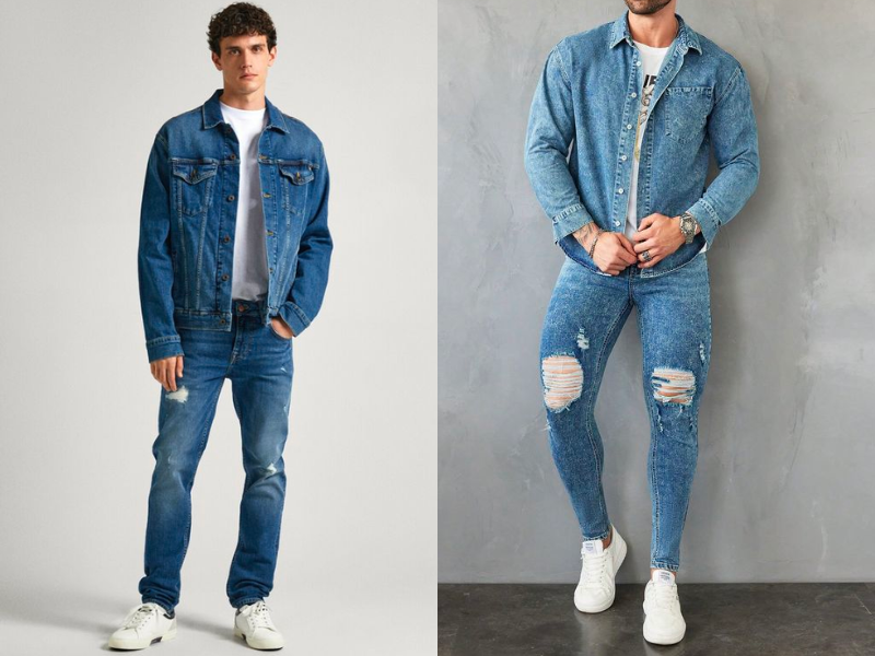 Áo khoác denim + Quần jean nam rách gối