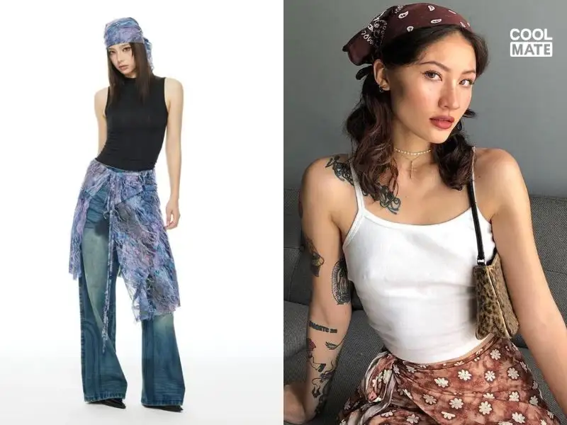 Dùng khăn bandana trong outfit y2k style