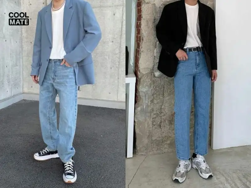 Kết hợp áo blazer với quần jean ống suông