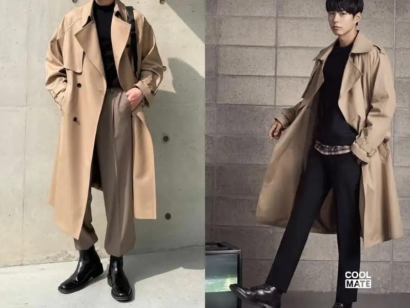 Phối áo trench coat và quần kaki ống suông