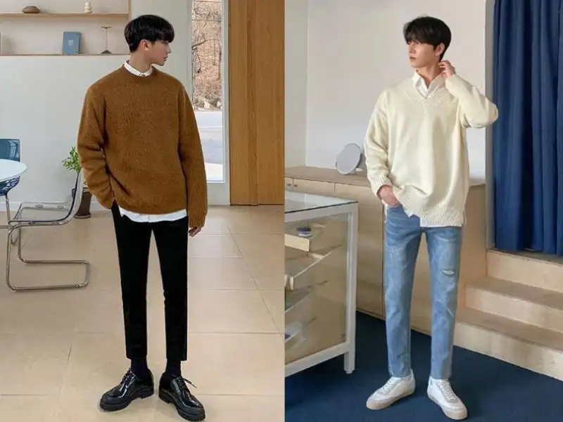 Áo Sweater, áo sơ mi kết hợp với quần âu và giày thể thao