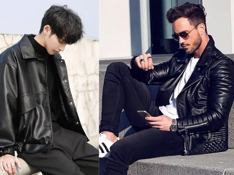 Áo khoác da và quần jeans đen theo phong cách biker bụi bặm khiến chàng thêm nam tính và cool ngầu