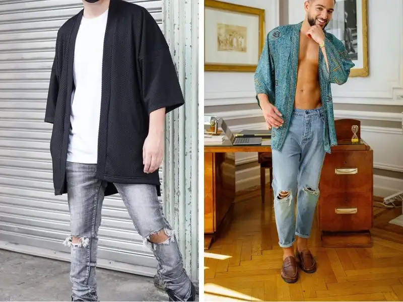 Phối áo khoác kimono nam với áo thun trơn và quần jeans dài