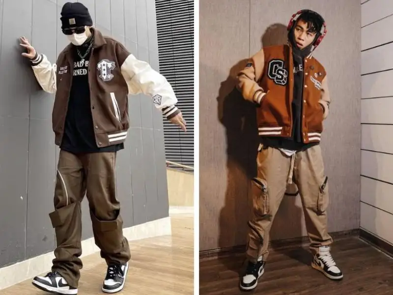 Phong cách hiphop với quần túi hộp và áo khoác varsity