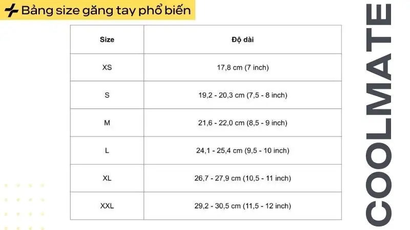 Bảng size găng tay phổ biến