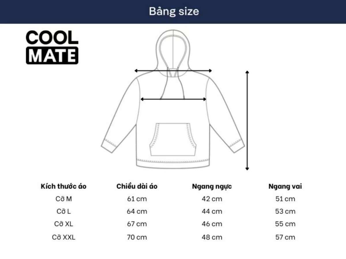 Bảng size chi tiết mẫu áo hoodie nam Coolmate