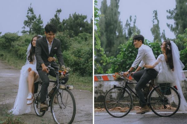 Chú rể chở cô dâu bằng xe đạp