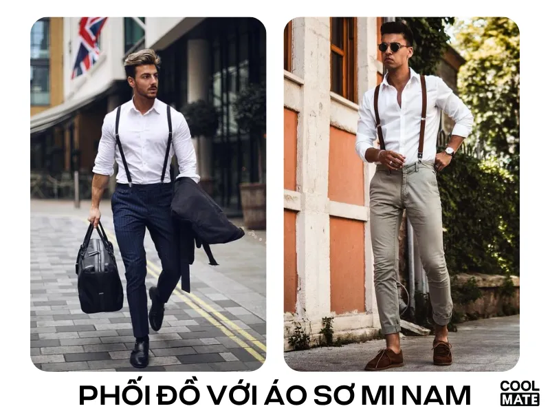 Cách phối đồ với áo sơ mi nam cùng quần tây và suspender.