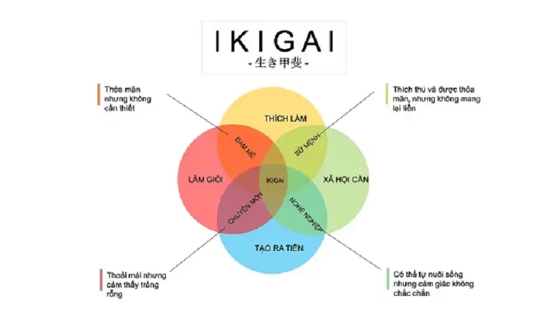 Biểu đồ Ikigai chi tiết, thể hiện sự giao thoa của 4 yếu tố